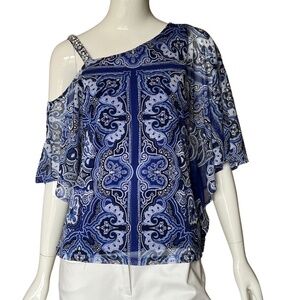 INC International Concepts Off Shoulder Blue Paisley Sheer Sleeve Top Size Med